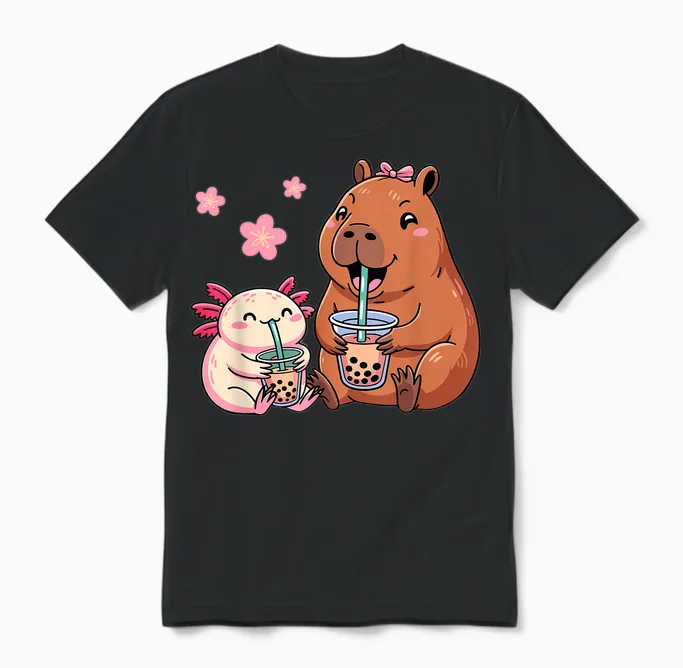 Axolotl and Capybara Drinking Bubble Tea Kawaii Girls' Children's Unisex T-Shirt in Black