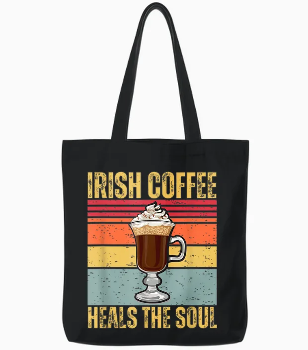 Irish Coffee Heal the Soul Cute Retro Ireland Caffeine Lover Tote Bags in Black