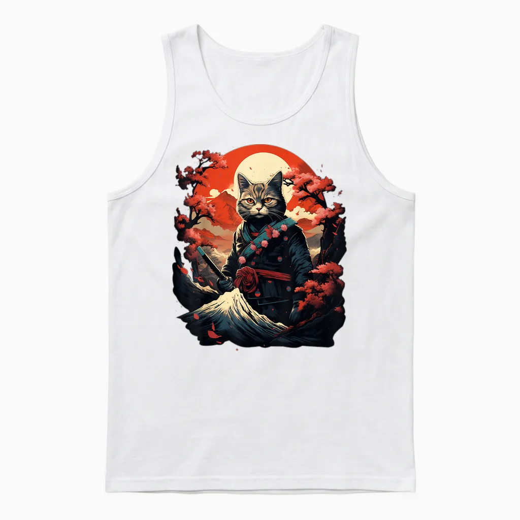 Japanese Art Cat Ninja Ukiyo-E Anime Style Samurai Cat Unisex Tank Top in White
