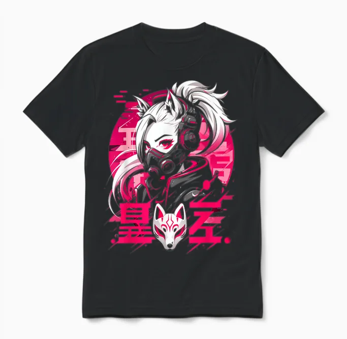 Anime Manga Cyberpunk Aesthetic Techwear Harajuku Kitsune T-Shirt, Black Unisex T-Shirt in Black