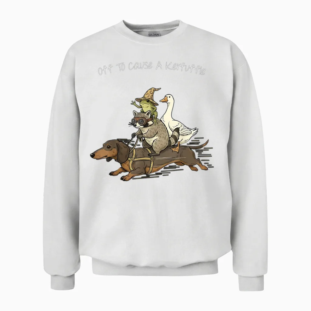Off to Cause a Kerfuffle Frog Raccoon Goose Riding Dachshund Unisex Sweatshirt in White