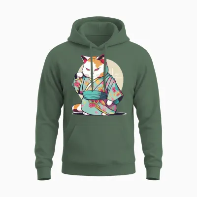 Cat Kimono Unisex Hoodie - Military Green