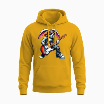Cute Punk Rabbit Rock 'n Roll Gothic Guitar Kids Rock Star T-Shirt, Black Unisex Hoodie - Gold