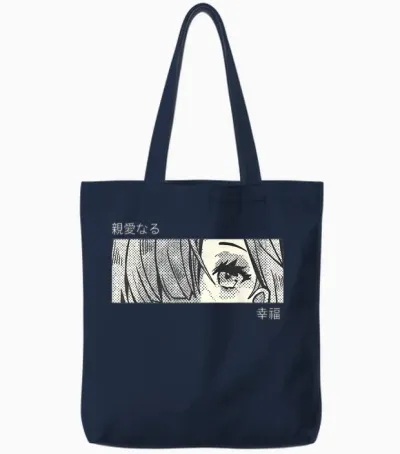 Anime Girl Eyes Panel Manga Aesthetic Design Tote Bags - Navy