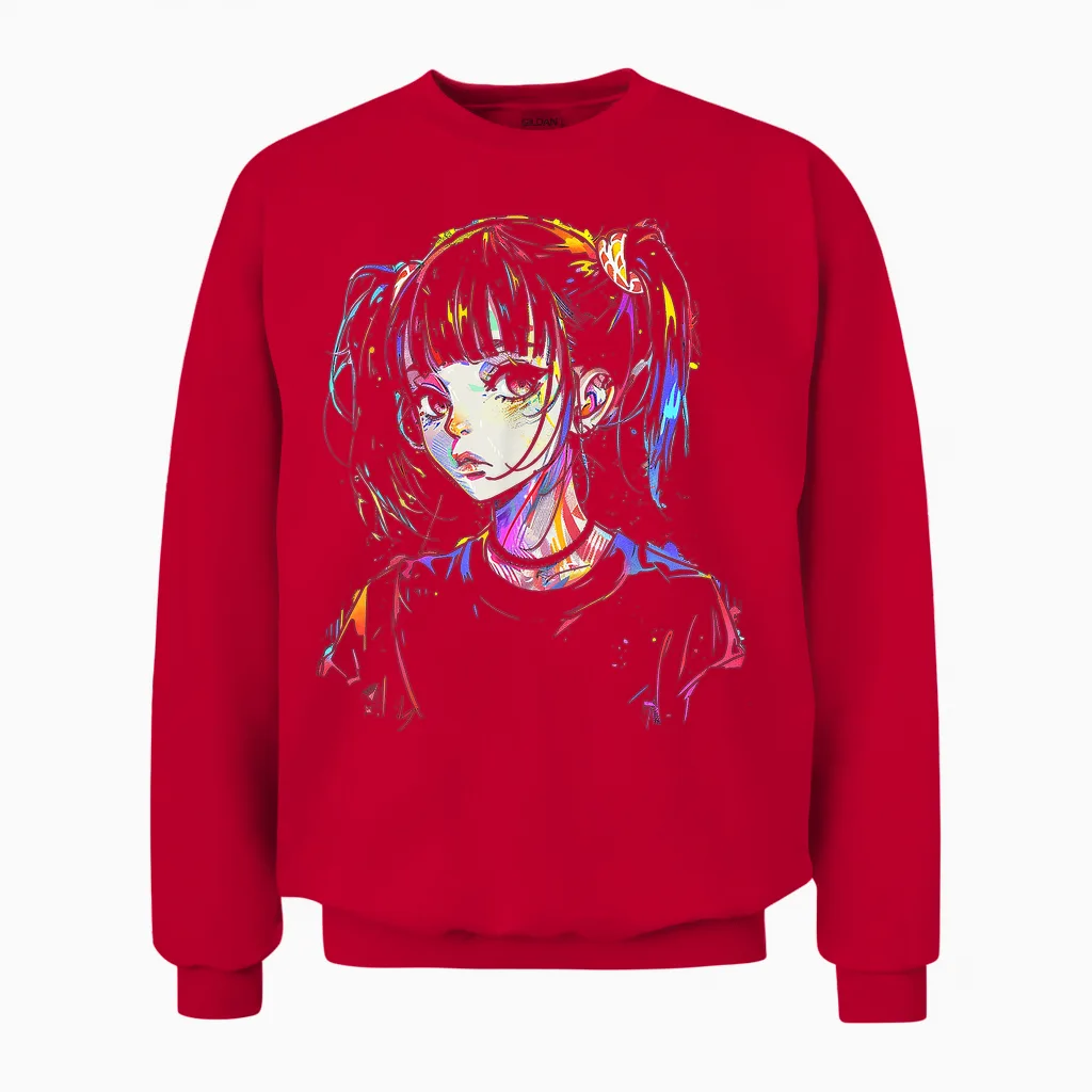 Anime Manga Graphic Illustration Colorful Anime T-Shirt, Black, S Unisex Sweatshirt in Red