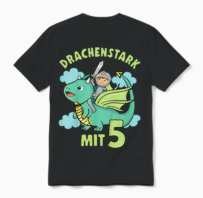 Kinder Drache & Ritter Geburtstagshirt Drachenstark 5 Jahre Junge Unisex T-Shirt in Black