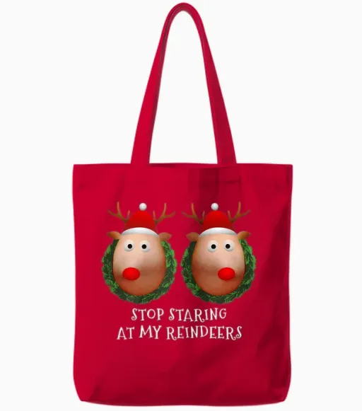 Womens Stop Staring at My Reindeers Boobs Ugly Gag Xmas Sweater Short Sleeve Tote Bags - Red
