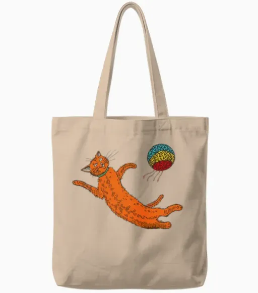 Chasing the Sack – Orange Cat Hacky Sack Tote Bags in Natural