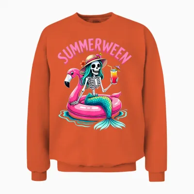 Summerween Mermaid Skeleton Beach Flamingo Halloween Girl Unisex Sweatshirt - Orange