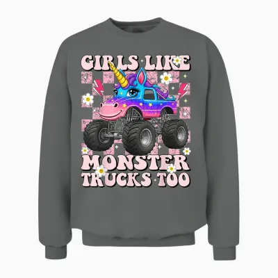 Girls Like Monster Trucks Too Cute Unicorn for Toddler Teen Unisex Sweatshirt - Graphite Heather