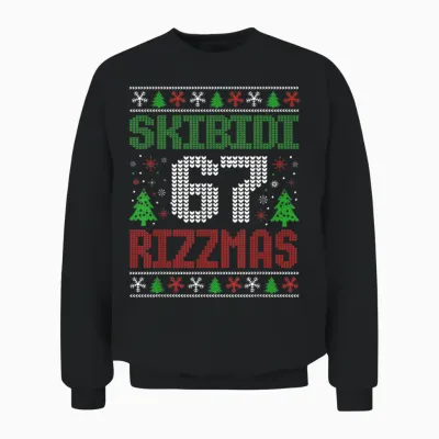 Skibidi Six Seven Rizzmas Funny Meme 67 Ugly Christmas Unisex Sweatshirt - Black