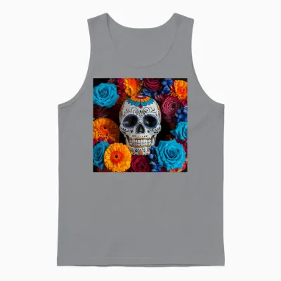 Mexican Skull Dia De Muertos Day of the Dead Floral T-Shirt, Black, S Unisex Tank Top - Sport Grey