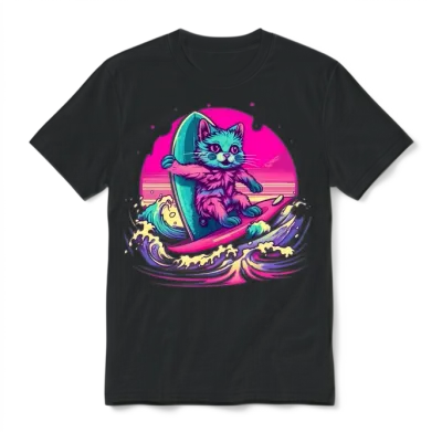 Retro Surfing Cat Unisex T-Shirt - Black