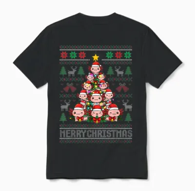 Cute Axolotl Christmas Tree Ugly Sweater Merry Xmas Holiday Unisex T-Shirt - Black
