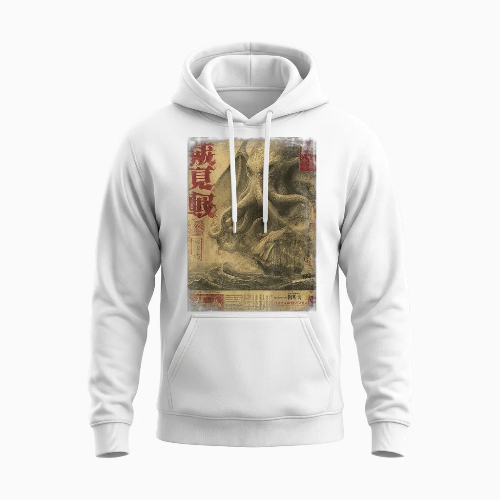 Cthulhu Kraken Vintage Japanese Journal Sea Monster Design Unisex Hoodie in White
