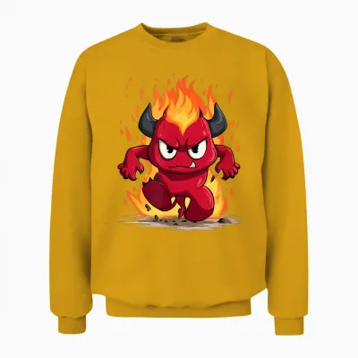 Funny Cartoon Devil with Fire and Flames Unisex Sweatshirt - Gold