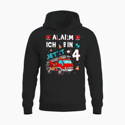 Children's 4th Birthday Boy Girl Fire Brigade Gifts Fire Engine T-Shirt, Black Unisex Hoodie - Black
