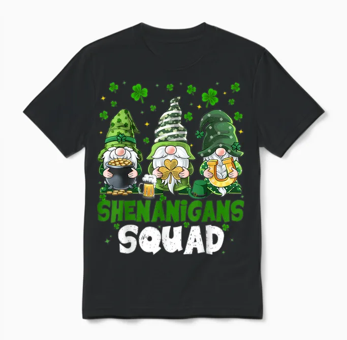 St Patricks Day Gnomes Shenanigans Squad Saint Pattys Women Unisex T-Shirt in Black