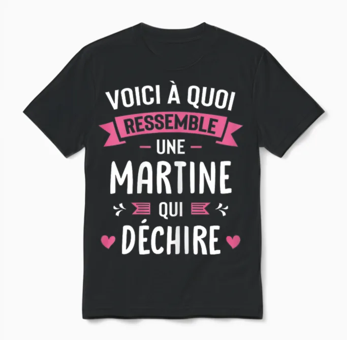 Woman Humour Personalised Gift Martine Qui Déchire T-Shirt, Black, Female X-Small Unisex T-Shirt in Black