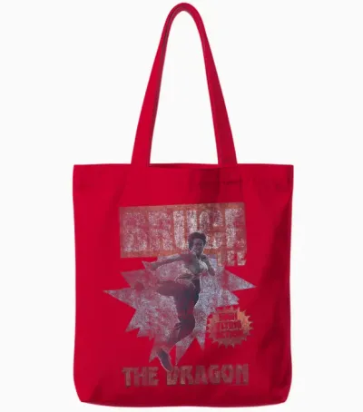 Bruce Lee the Dragon High Flying Action Distressed T-Shirt, Black, S Tote Bags - Red