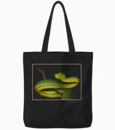 Real Green Pit Viper T-Shirt – Wildlife Design Tote Bags - Black
