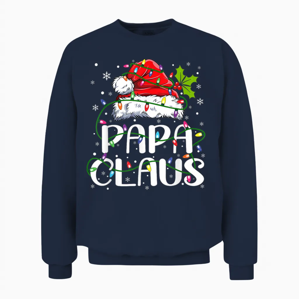 Papa Claus Christmas Lights Pajama Family Matching Unisex Sweatshirt in Navy