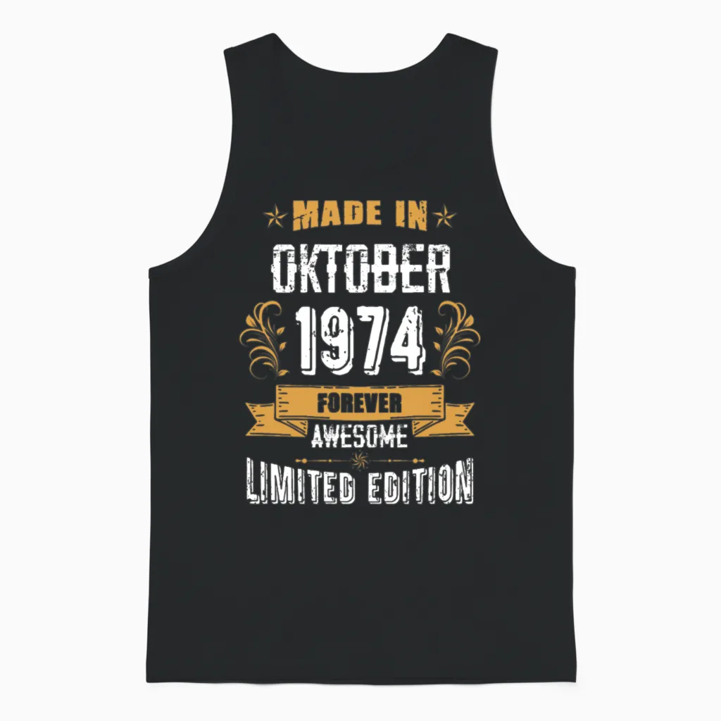 October 1974 Vintage Birthday Present Unisex Tank Top in Black