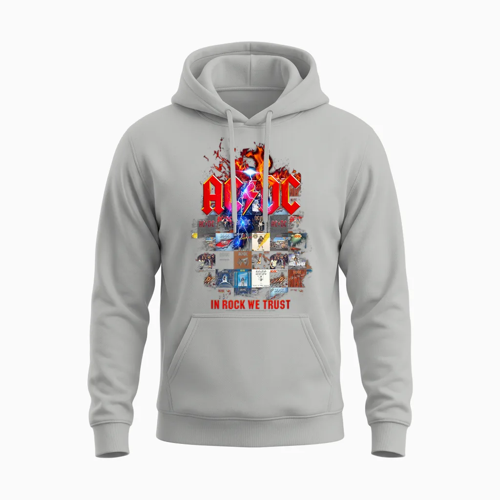 Official Ac/dc Rock Band in Rock We Trust Album Covers Unisex Hoodie in Ash