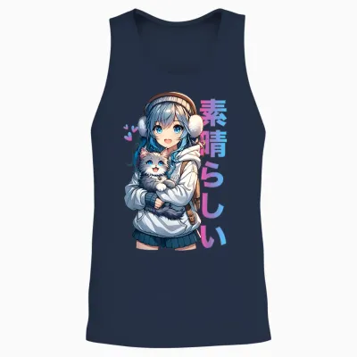 Cute Anime Girl with Cat for Cat Lover Kawaii Otaku Manga Unisex Tank Top - Navy