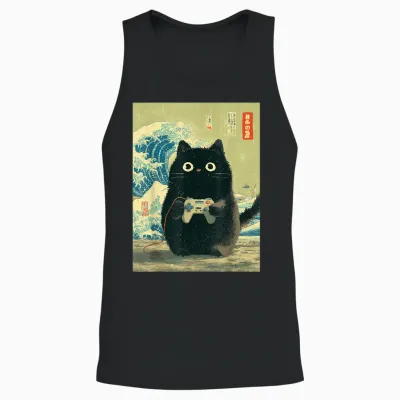 Japanische Schwarze Gamer Cat Videospiele Great Wave Cat Dad Unisex Tank Top - Black