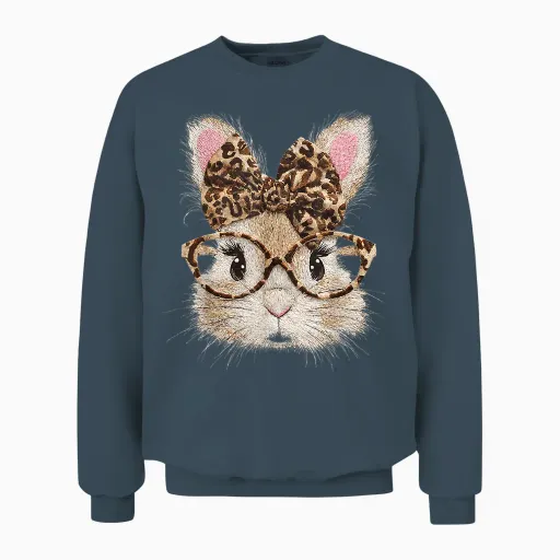 Funny Bunny Face Glasses Bandana Leopard Rabbit Happy Easter Unisex Sweatshirt in Dark Heather
