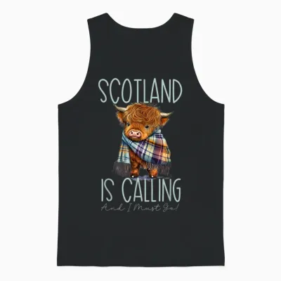 Scotland Calls and I Must Go! Highland Cow T-Shirt, Black Unisex Tank Top - Black