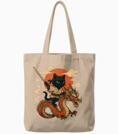 Vintage Japanische Samurai Katze Ninja Drache Kawaii Anime Liebhaber Tote Bags - Natural