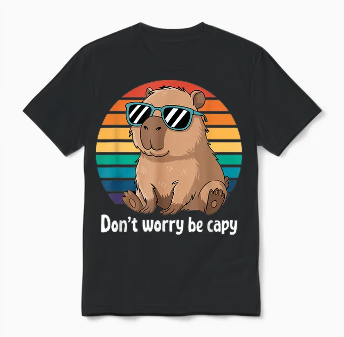 Capybara Dont Worry Be Cappy Boys Girls Funny Retro Capybara T-Shirt, Black Unisex T-Shirt in Black