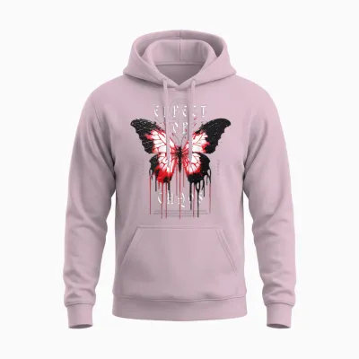 Y2k Hip Hop Backprint Streetwear Chaos Effect Butterfly T-Shirt, Black Unisex Hoodie - Light Pink
