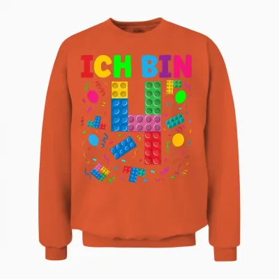 Children's T-Shirt with German Text "ich Bin 4 Building Blocks" 4th Birthday Boy Building Blocks, Black Unisex Sweatshirt - Orange