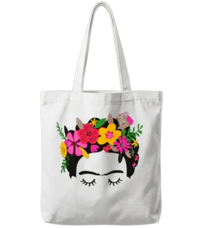 Frida Kahlo Illustration Floral Boho Style Mexican Tote Bags - White