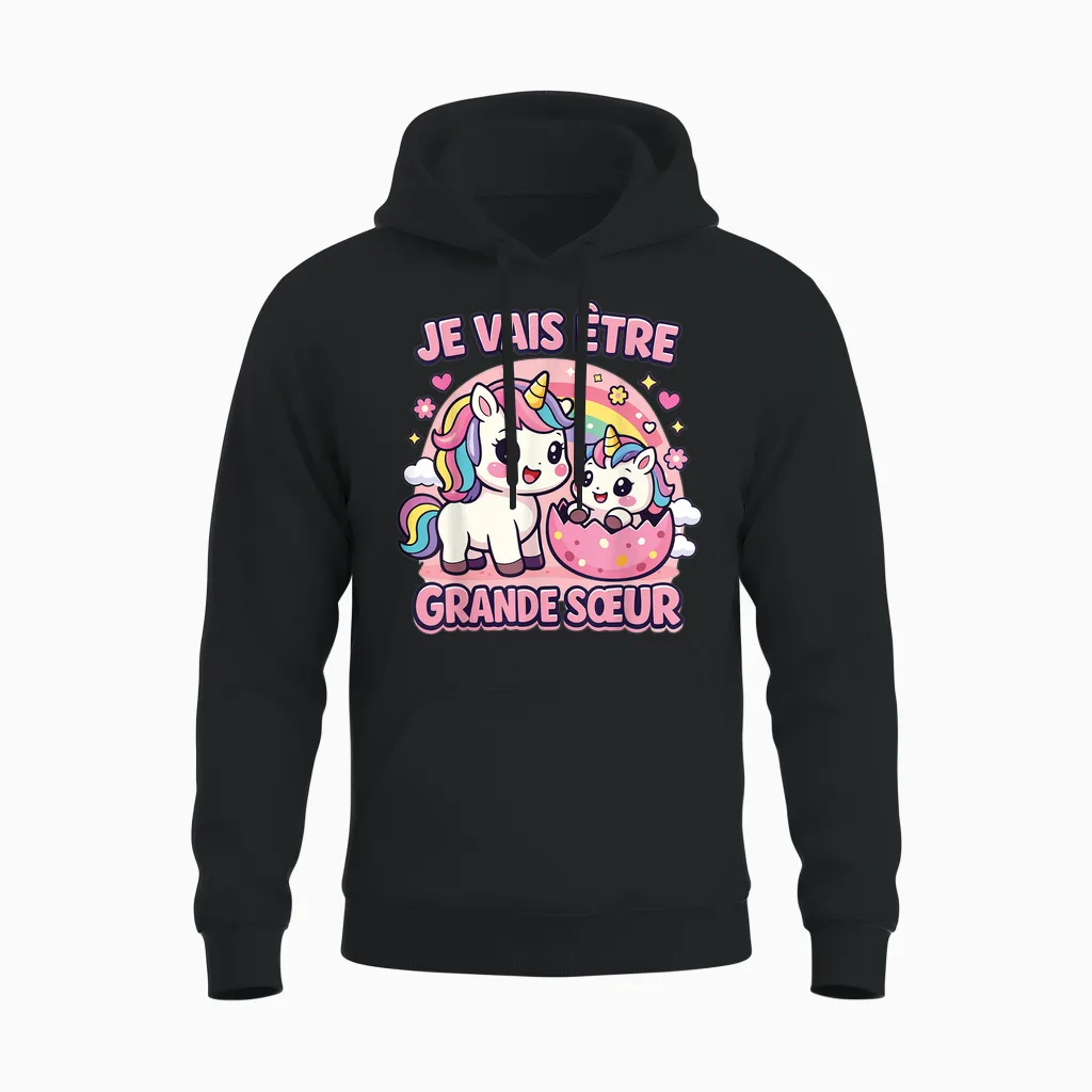 Je Vais être Grande Sœur Licorne Cadeau Annonce Grossesse Unisex Hoodie in Black