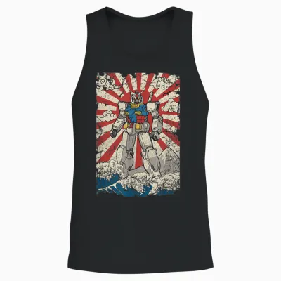 Japanese Mecha Anime Robot Kanagawa Great Wave Manga Unisex Tank Top - Black