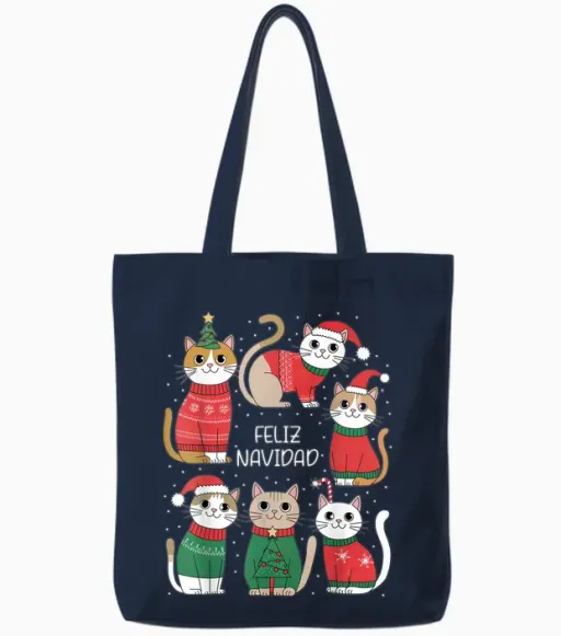Feliz Navidad Spanish Cats Holiday Kittens T-Shirt, Black, S Tote Bags - Navy
