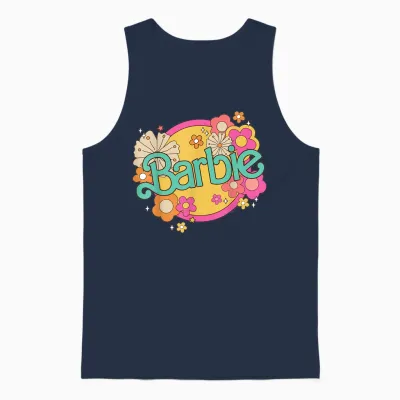 Barbie - Retro Logo with Flowers T-Shirt, Black Unisex Tank Top - Navy
