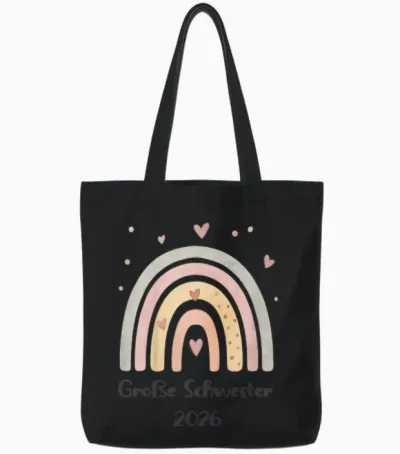 Children's Big Sister 2026 Rainbow Heart Motif Tote Bags - Black