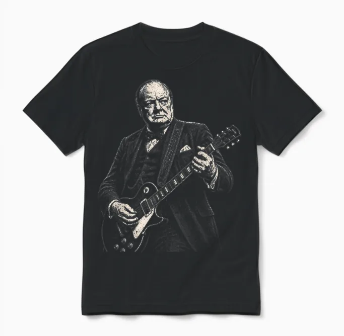 Winston Churchill Jouant De La Guitare électrique à Bascule Humour Unisex T-Shirt in Black