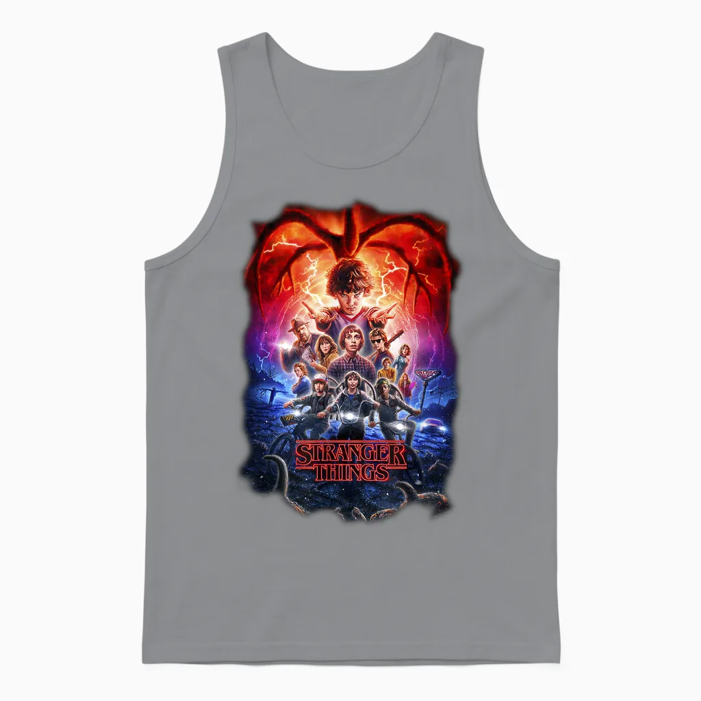 Stranger Things Group Shot Poster Fade Unisex Tank Top in Sport Grey