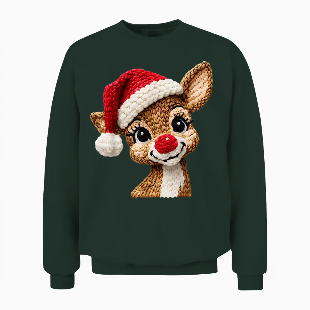 Cute Reindeer Rudolph Crochet Christmas Xmas Pajamas Holiday Unisex Sweatshirt in Forest