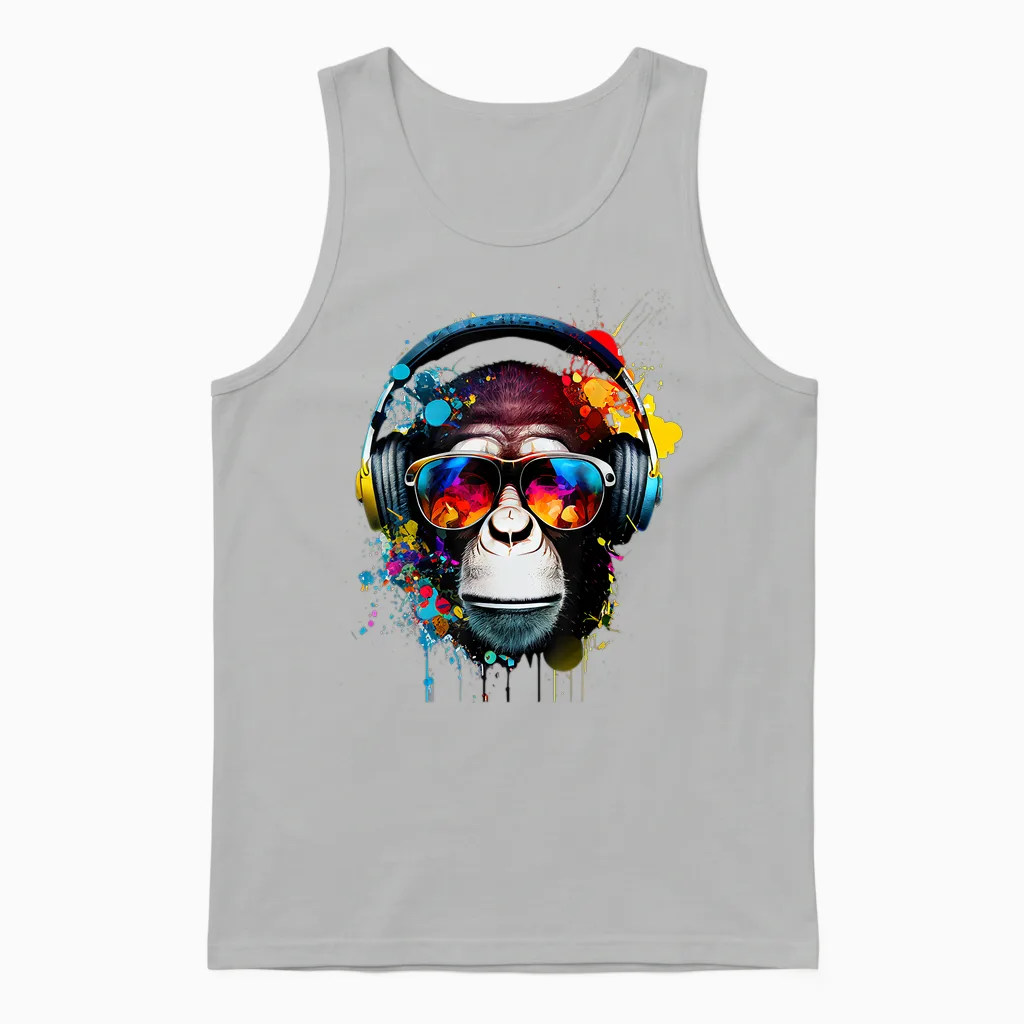 Dj Monkey Monkey with Sunglasses T-Shirt, Black Unisex Tank Top in Ash