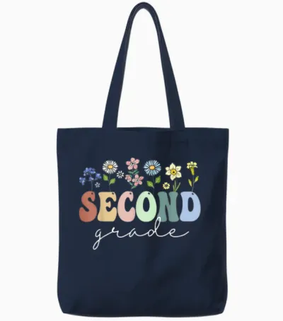 2nd Grade Wildflower Floral Back to School Gift for Teachers T-Shirt for Men Women Girls Kids Tote Bags - Navy