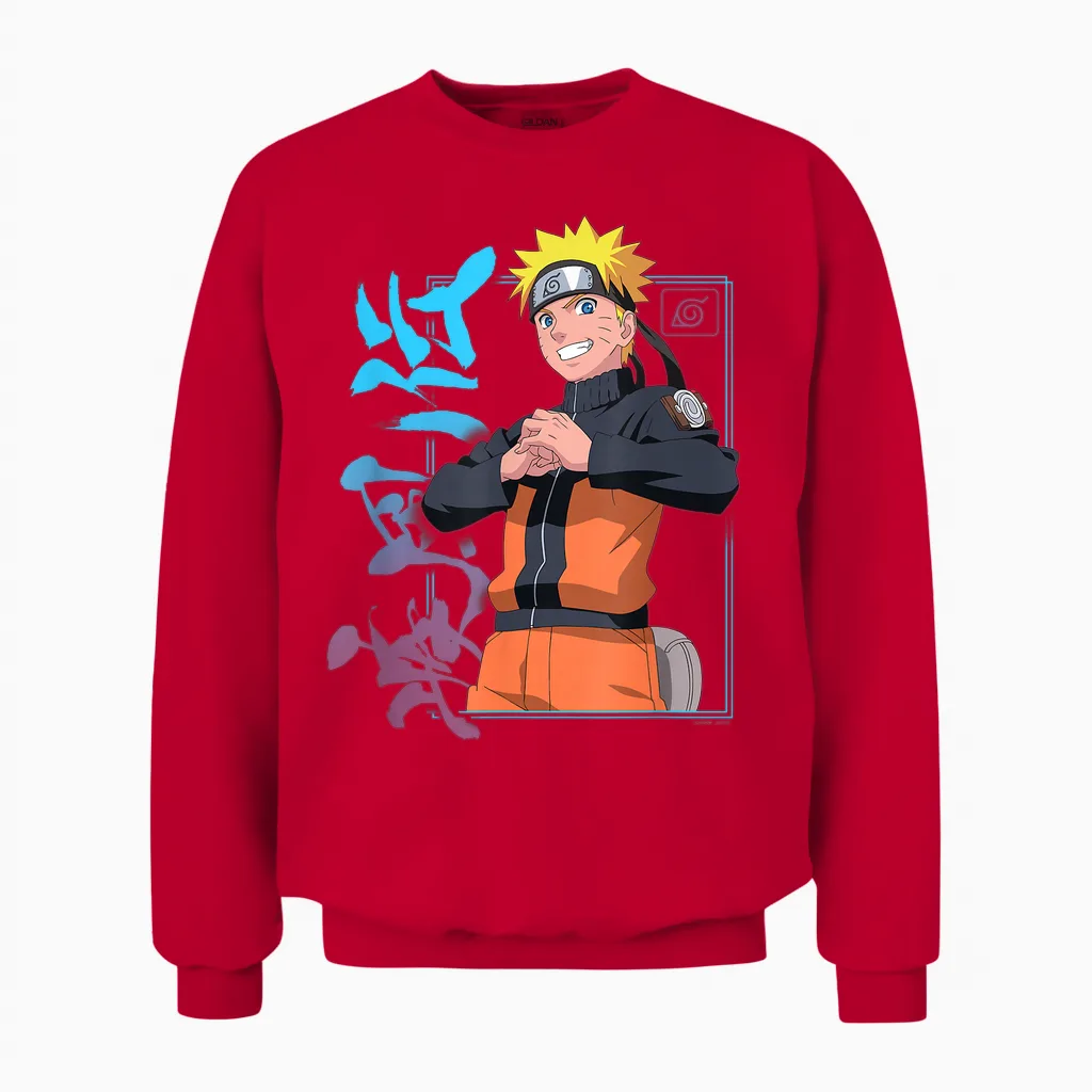 Naruto Shippuden Naruto Kanji Frame Colorful Anime Unisex Sweatshirt in Red