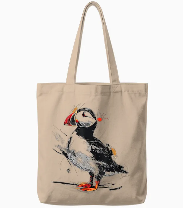 Puffin Animal Print Graphic Drawing Illustration Abstract Puffin T-Shirt, White, S Tote Bags in Natural