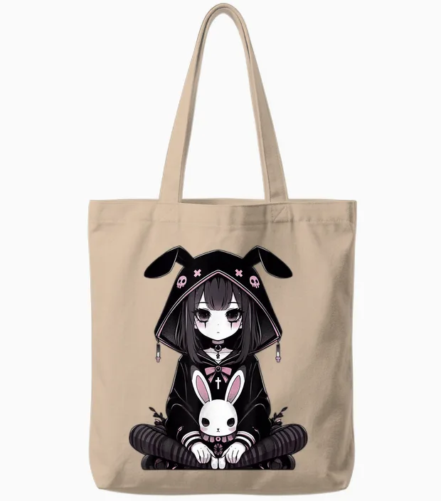 Goth Bunny Anime Girl Kawaii Gothic Creepy Art Japanese T-Shirt, Black, S Tote Bags in Natural